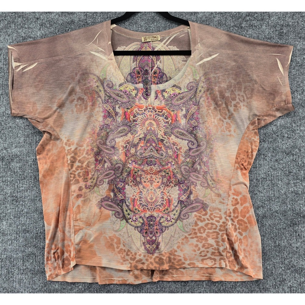 Vtg Y2K Blue Canyon Embellished Top Womens 2X Brown Paisley Leopard Boho Bling
